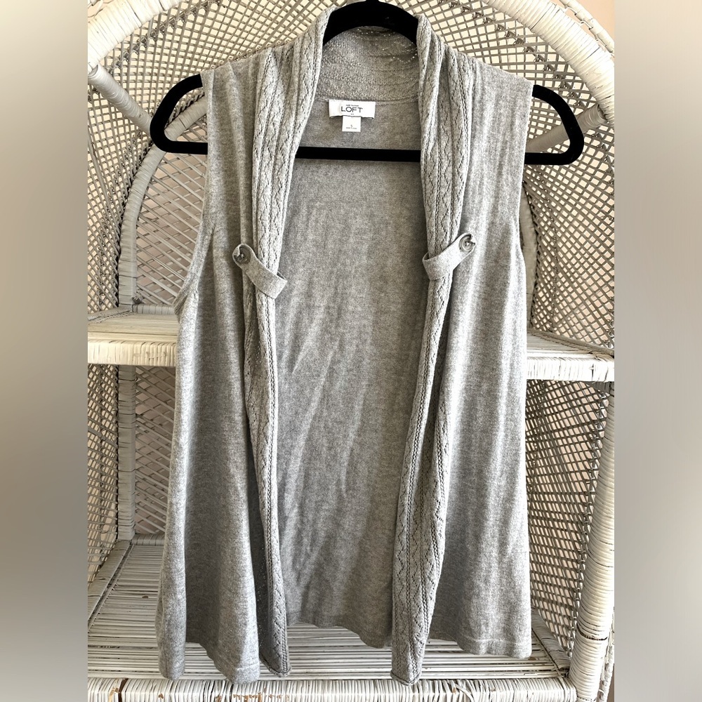 LOFT Ann Taylor Grey Sleeveless Knit Sweater Cardigan 100% Cotton Size small